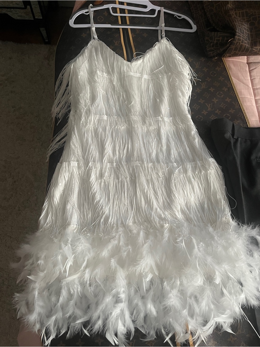 White Feather-Trim Mini Dress with Fringe Details